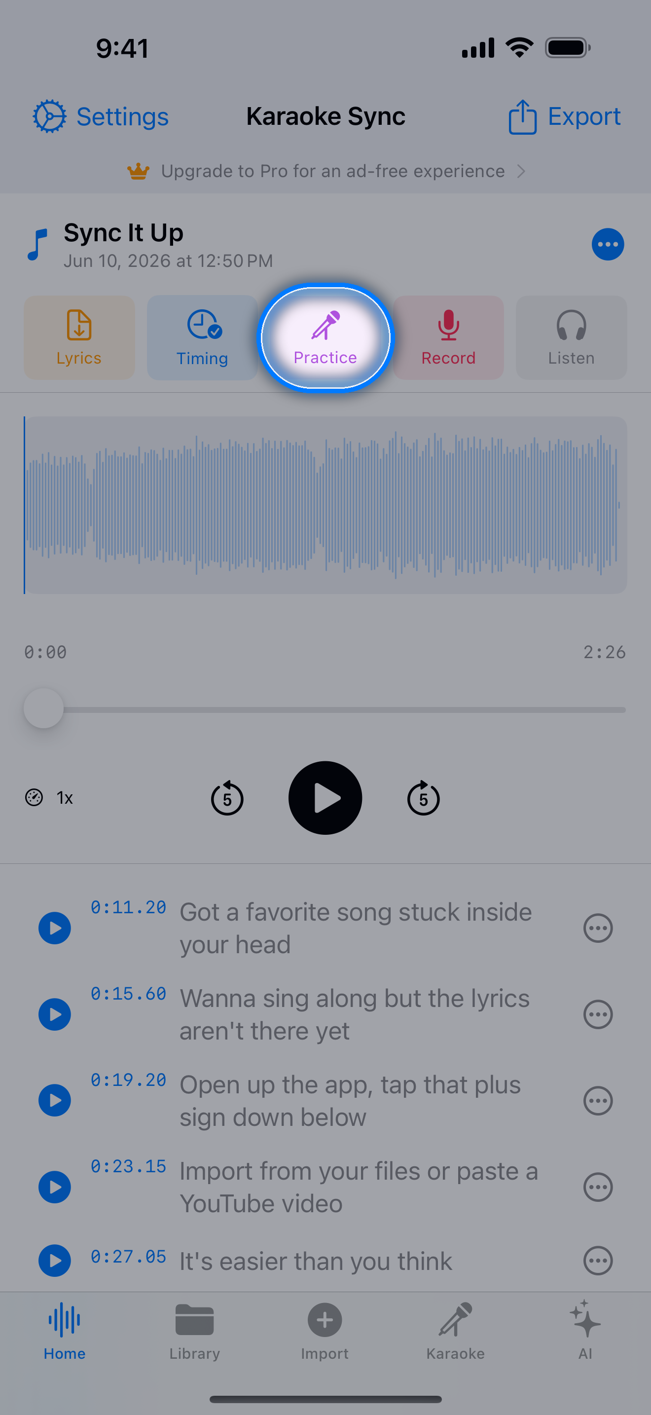 Project editor with the Practice button highlighted