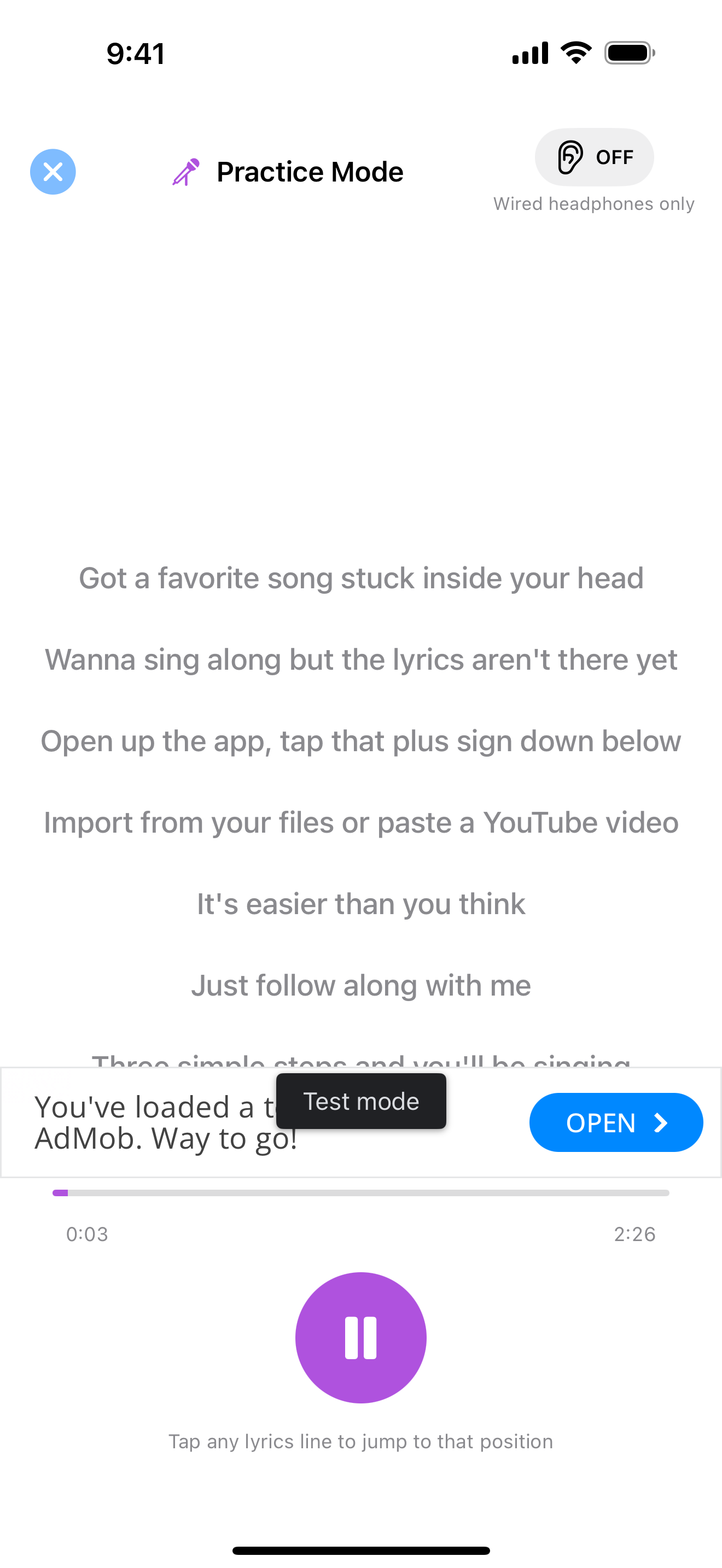 Practice mode with lyrics scrolling and the current line highlighted