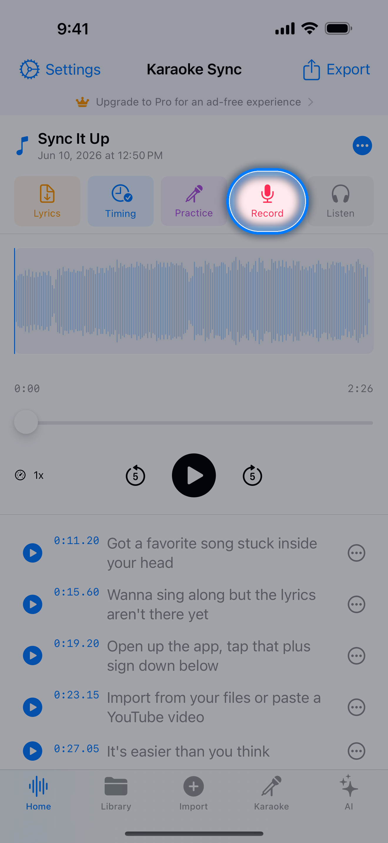 Project editor with the Record button highlighted