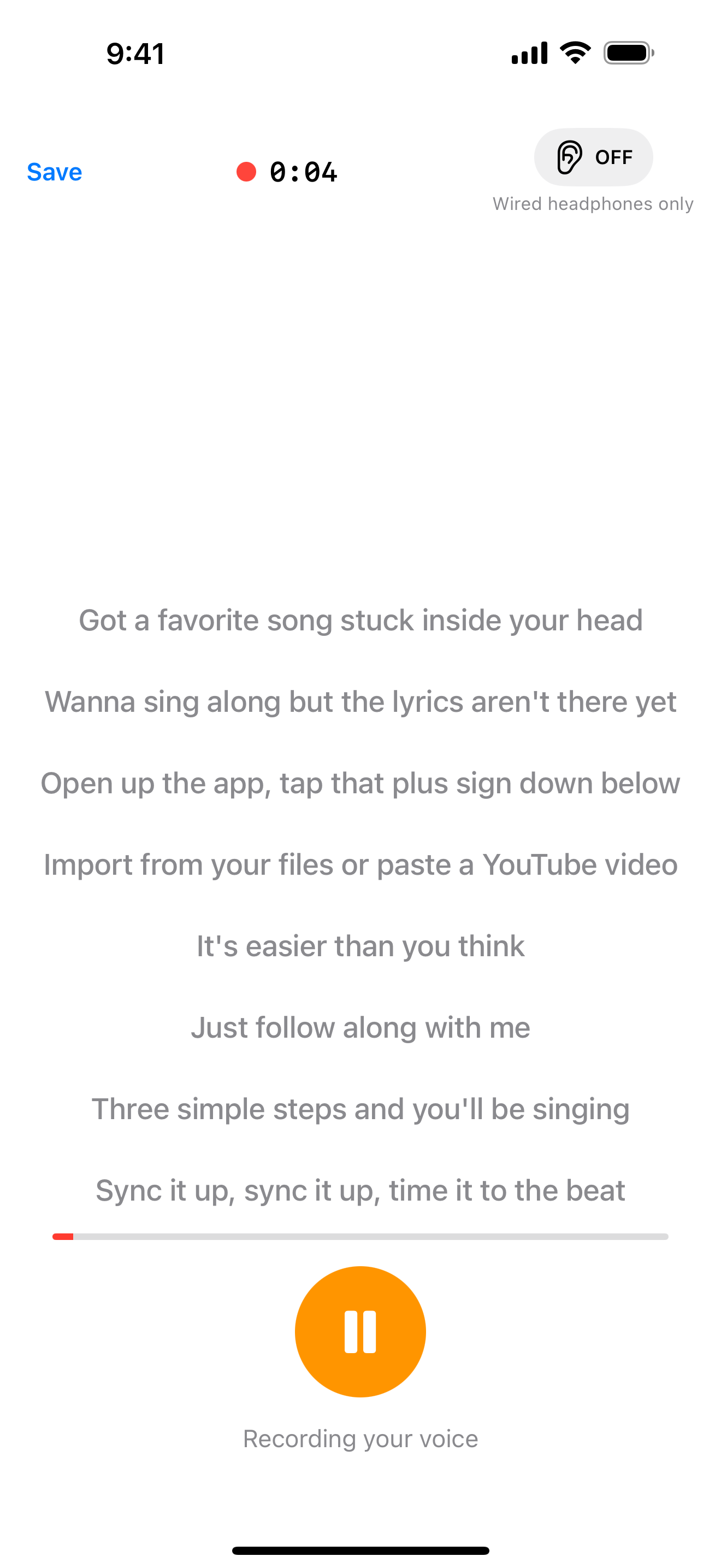 Recording in progress while lyrics scroll