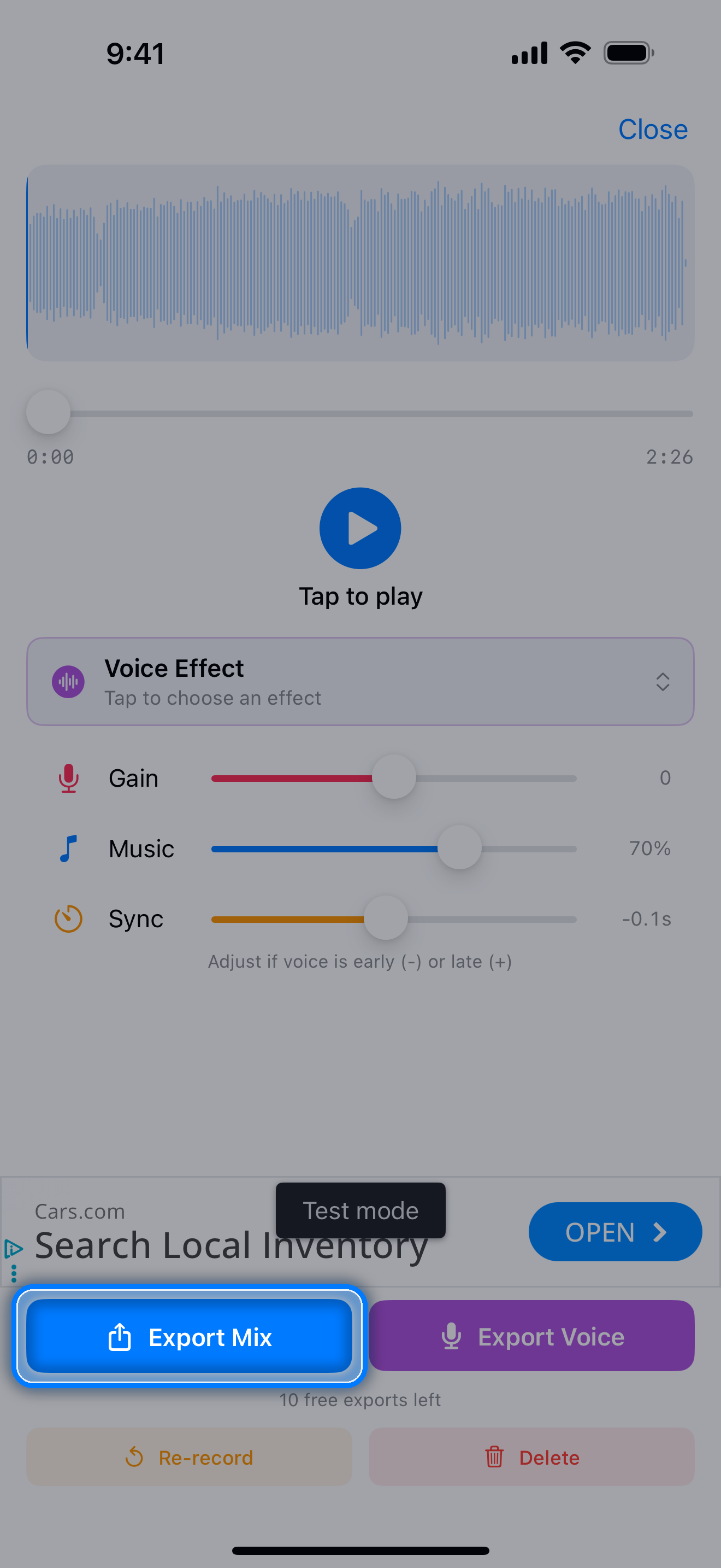 Recording playback screen for reviewing your take