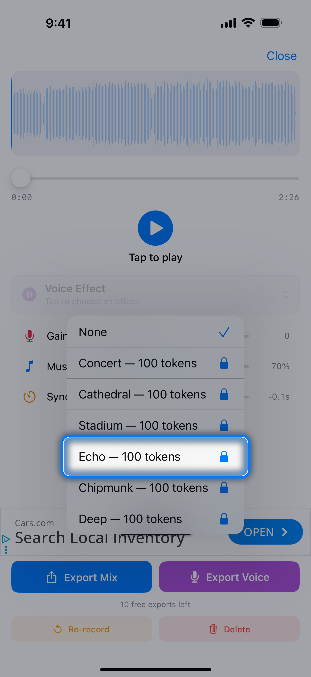 Voice effects picker with selectable effects