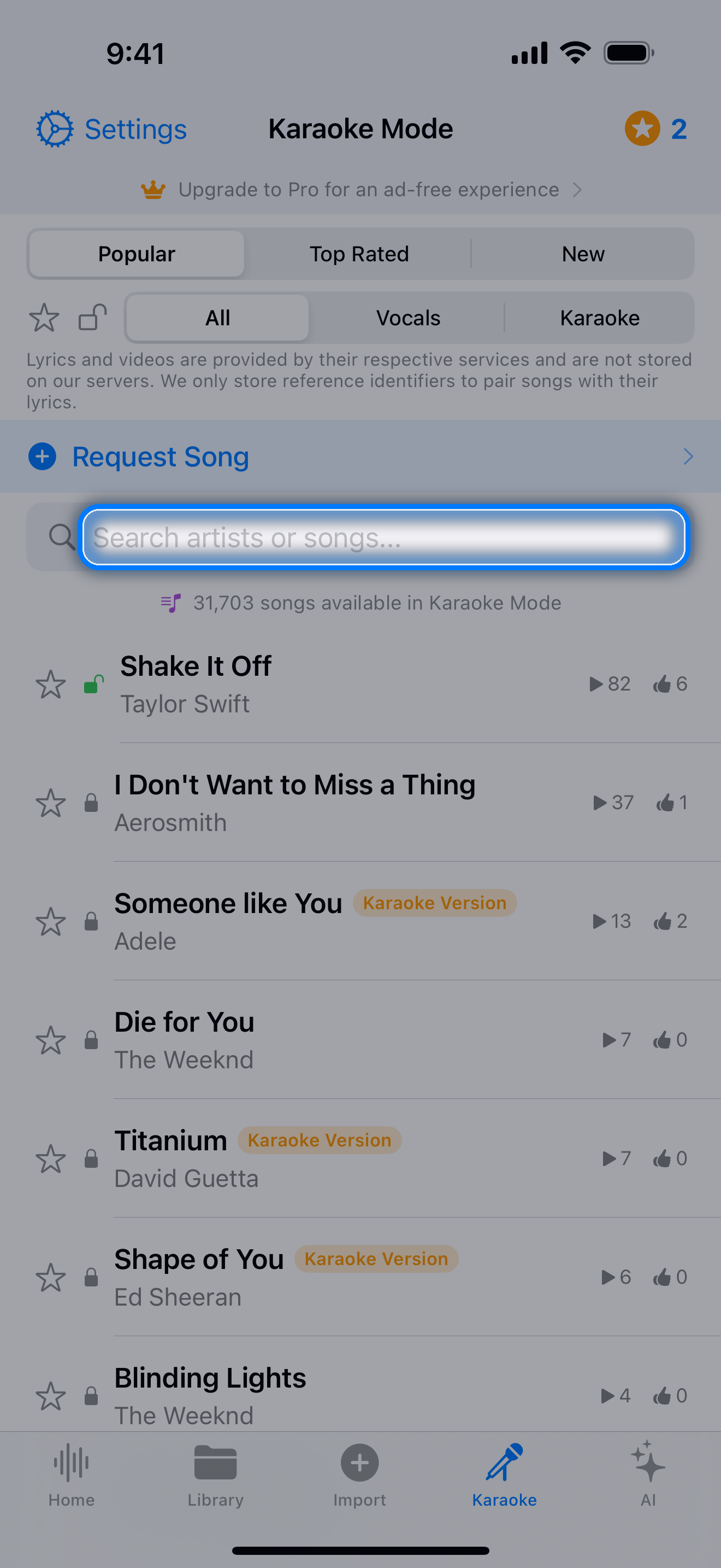 Karaoke tab with the curated song catalog and search