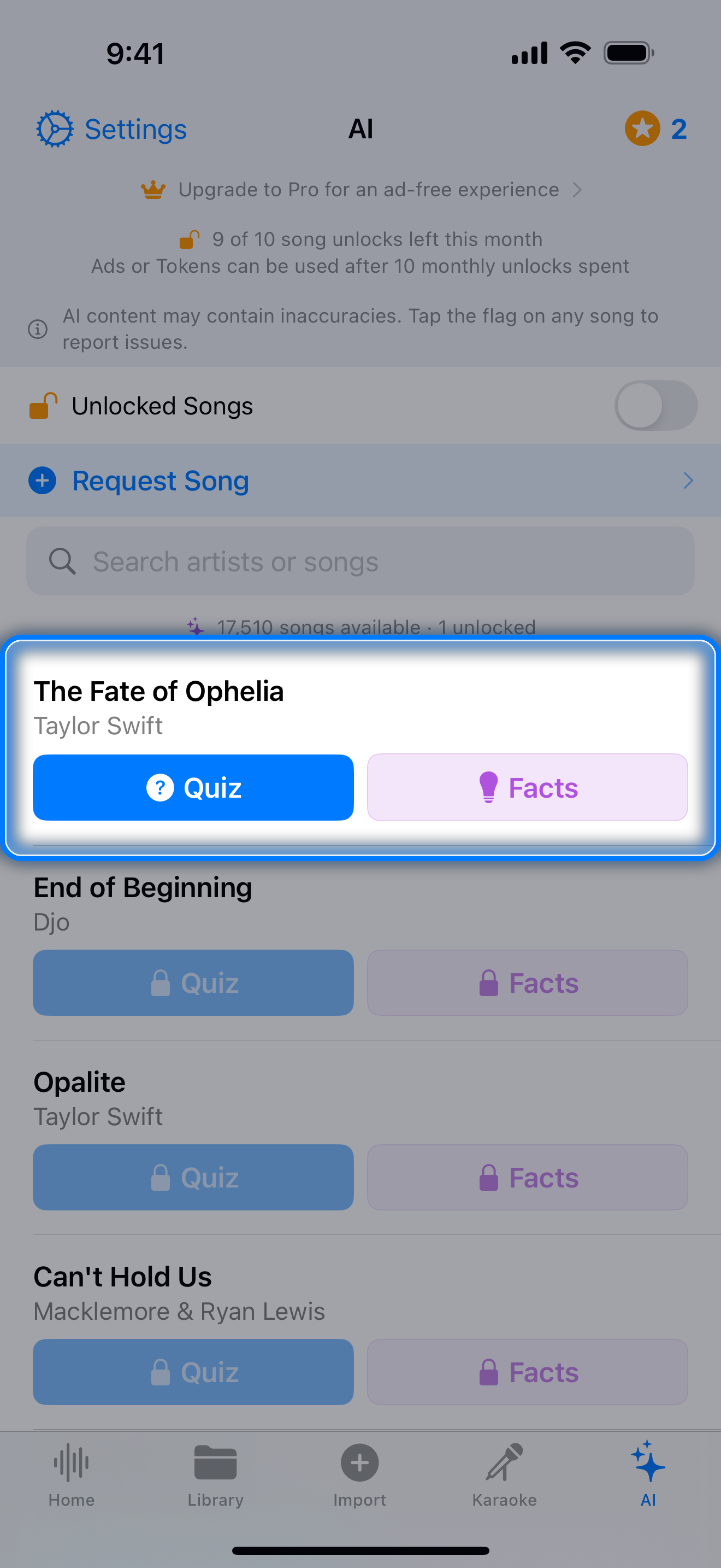 AI tab showing the Song Quiz and Facts catalog