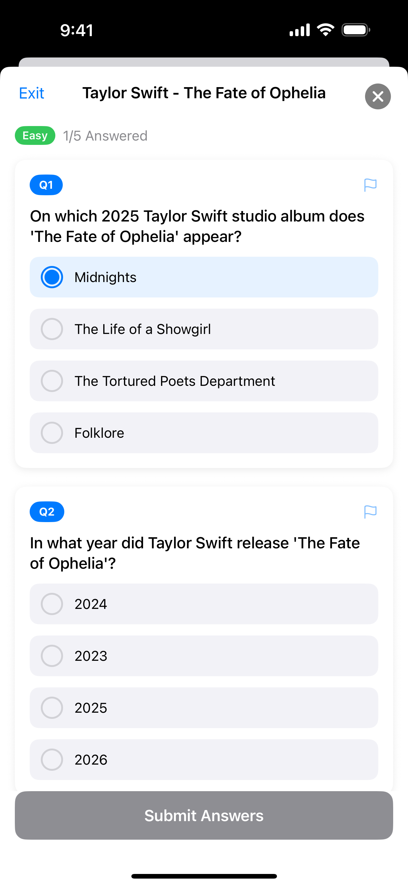 AI Song Quiz question with multiple-choice answers