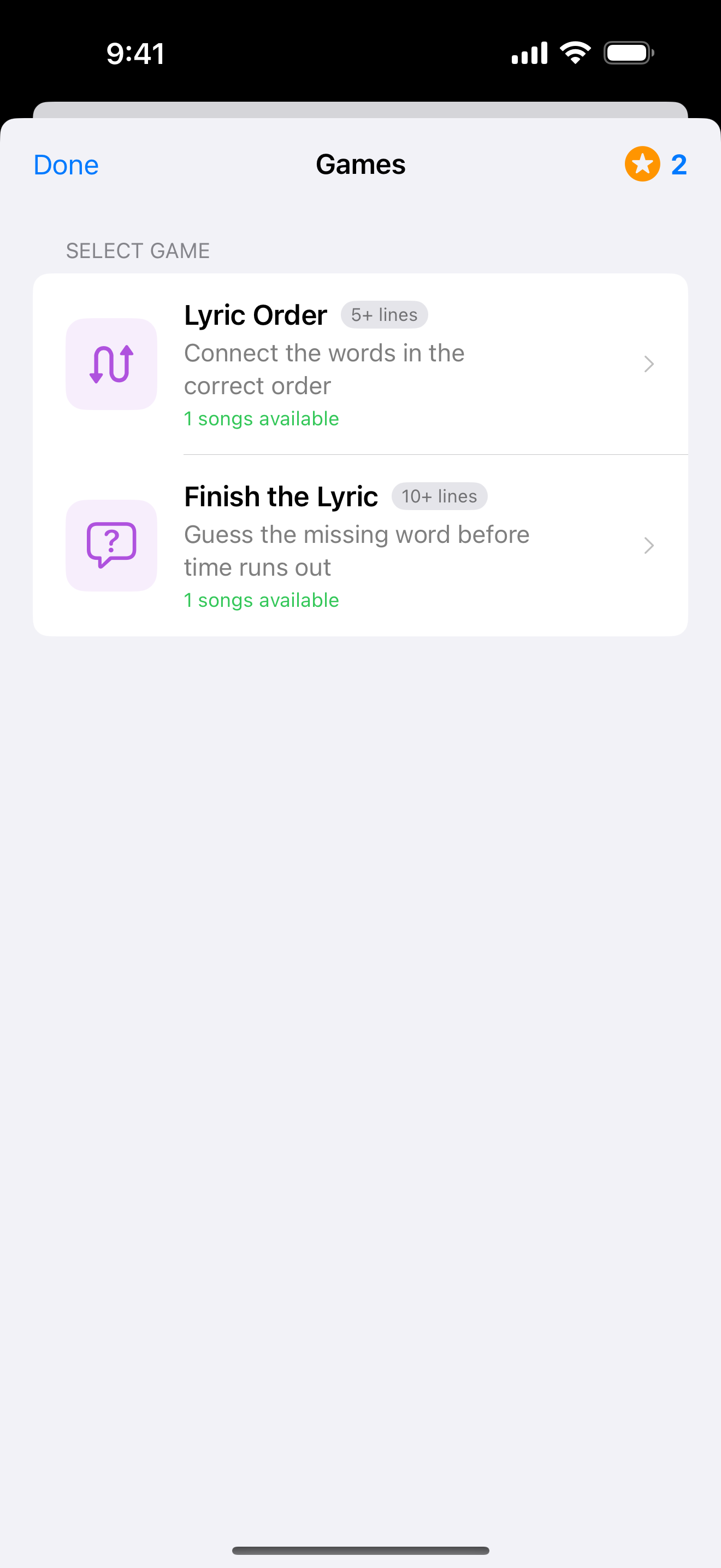 Games catalog with Finish the Lyric and Lyric Order