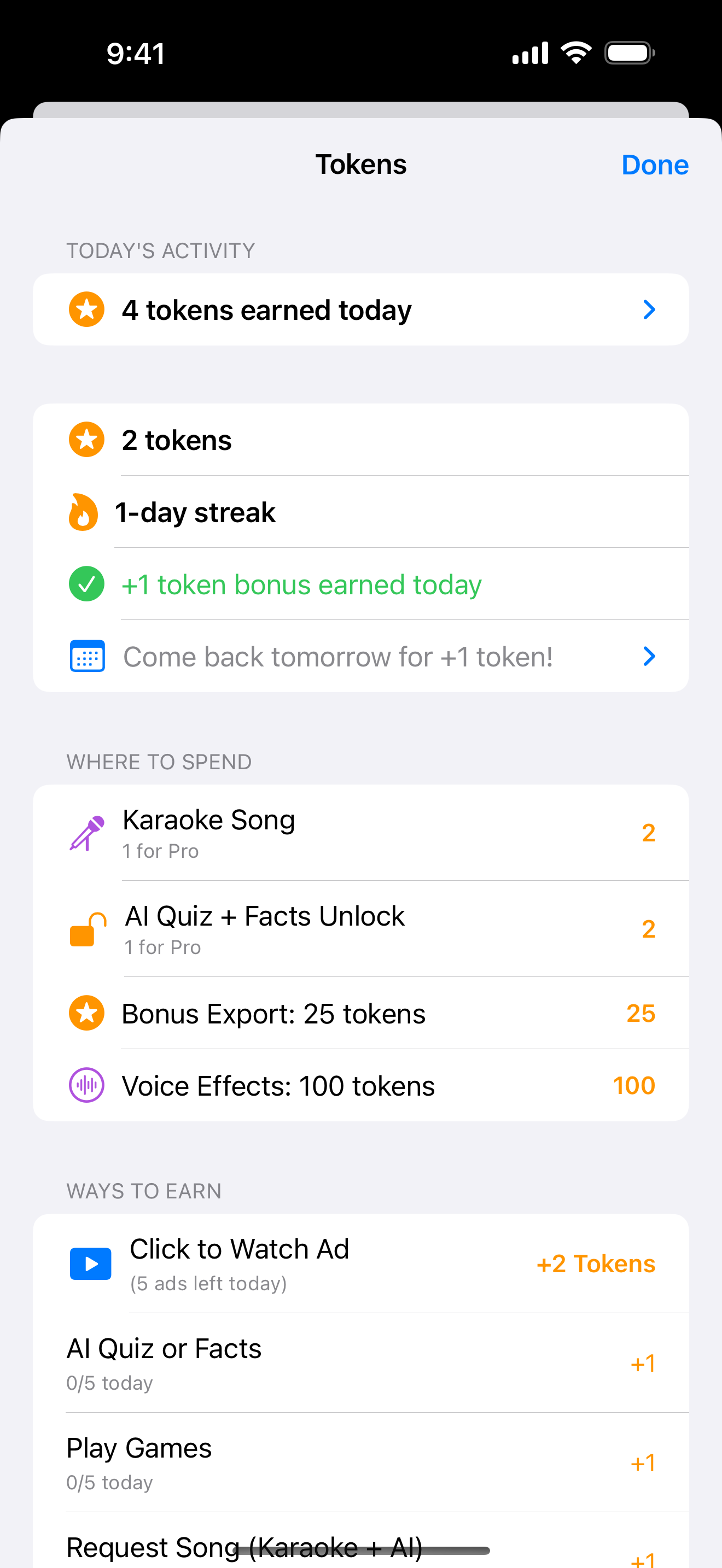 Token balance screen with streaks and earning history