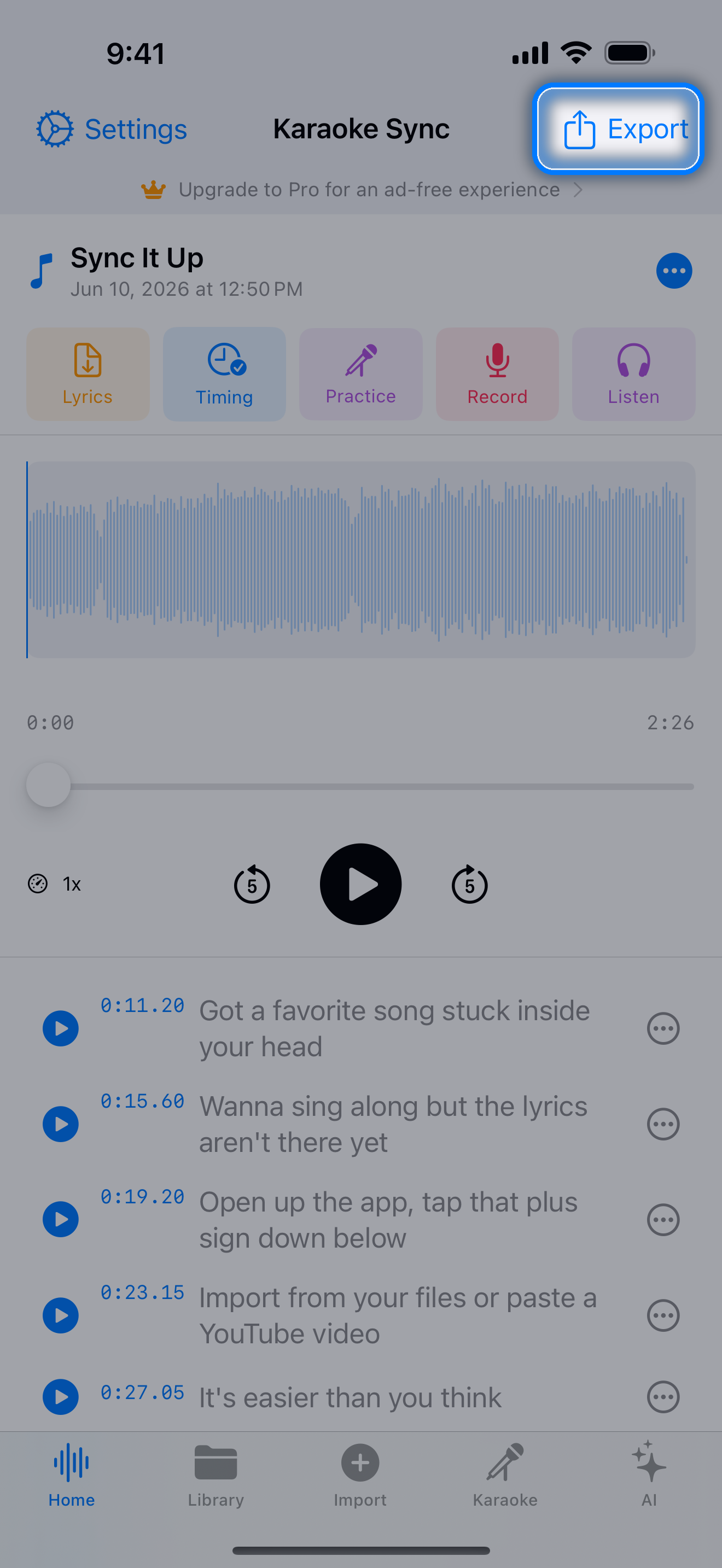 Project editor with the Export button highlighted
