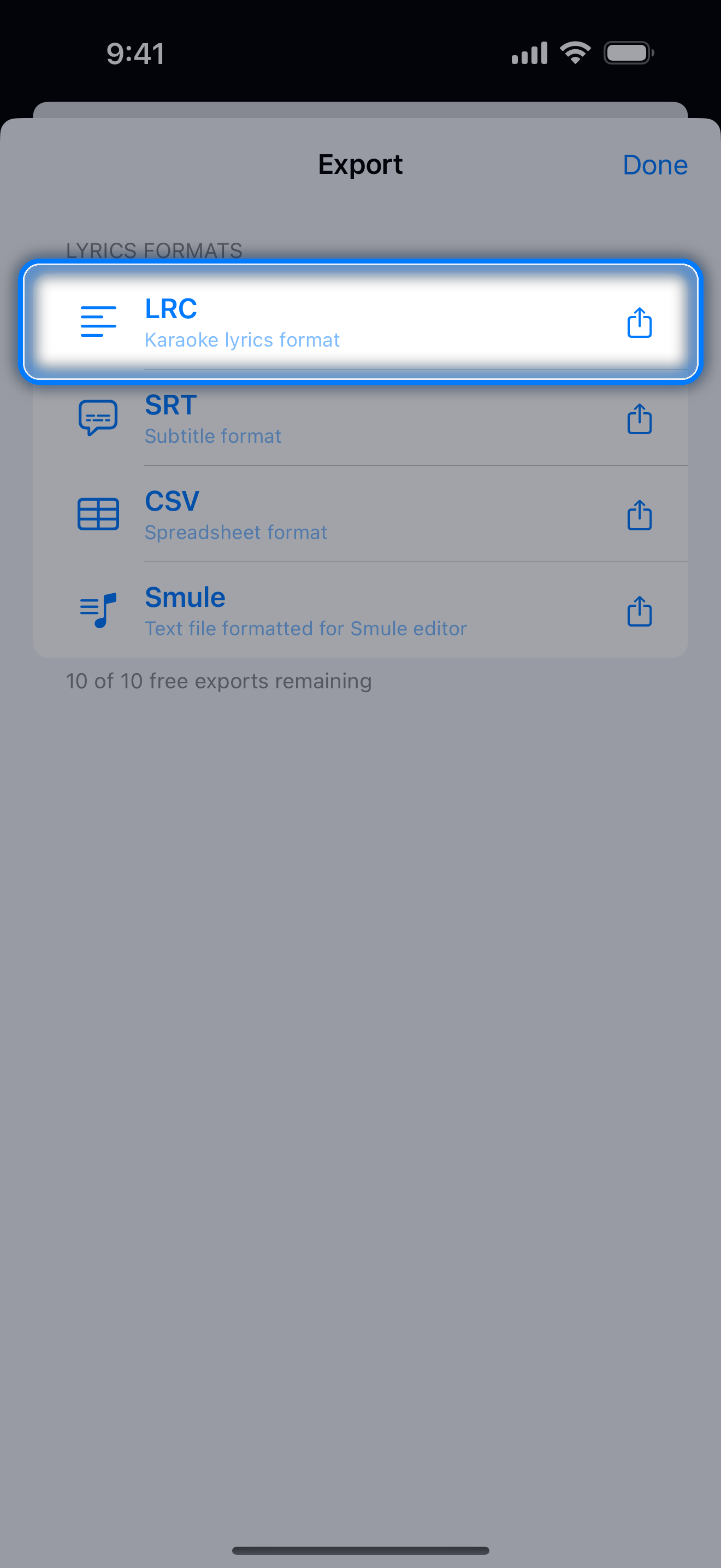 Export screen listing LRC, SRT, CSV, and Smule formats