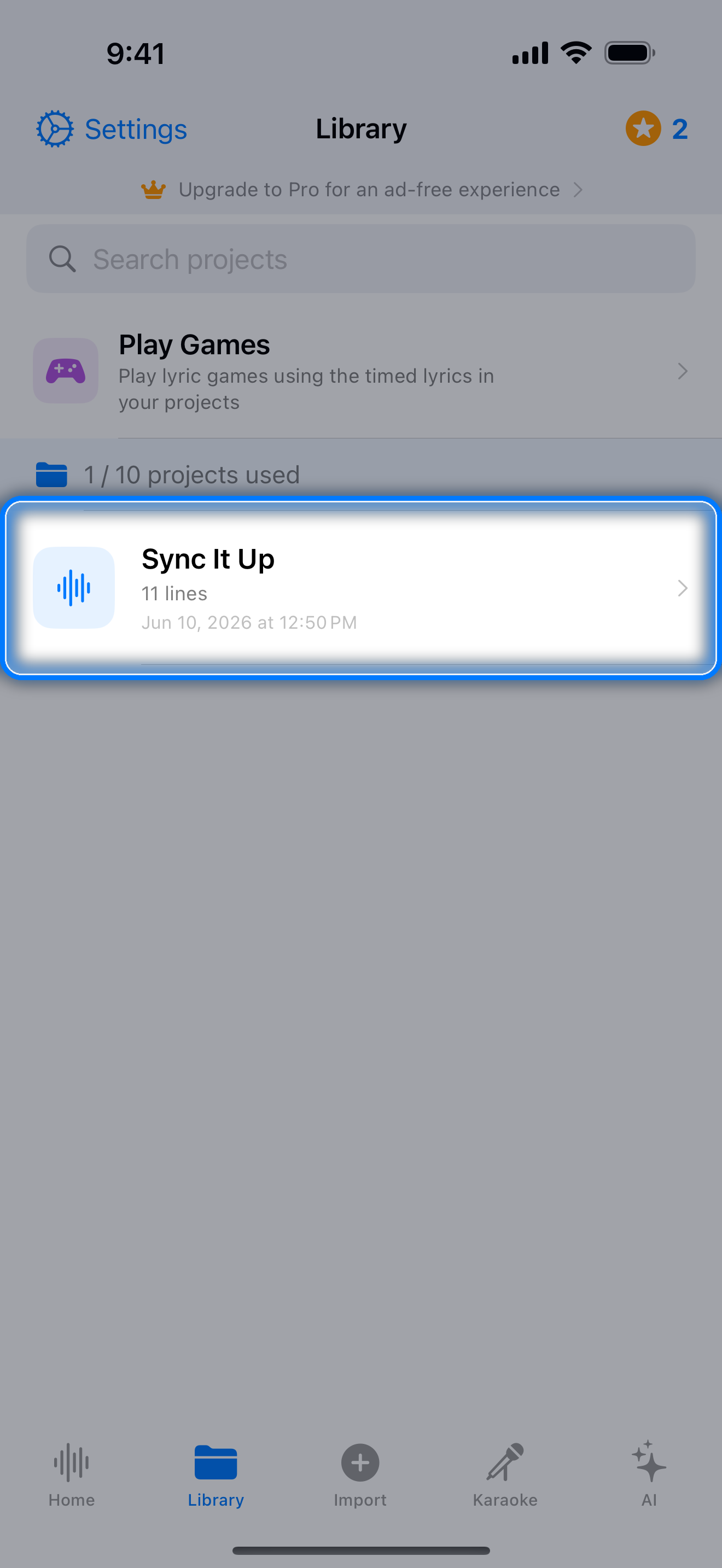 Library tab listing saved projects