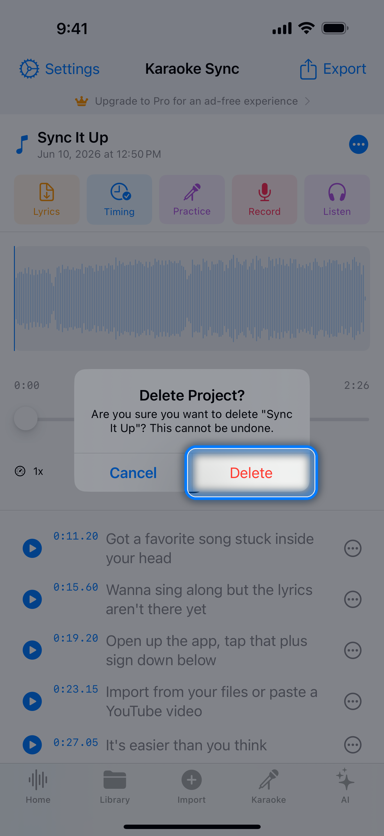 Delete confirmation for a project