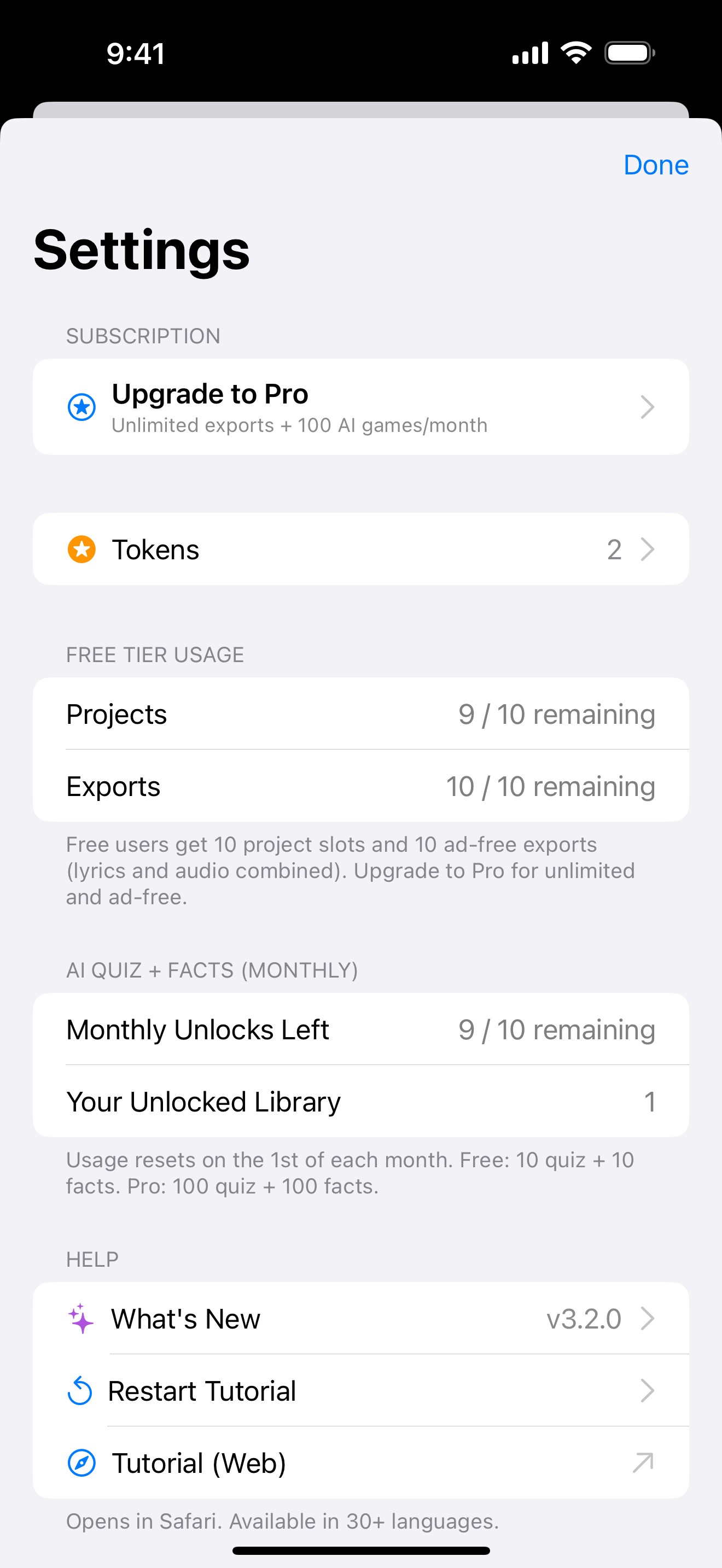 Settings screen with preferences, help, and legal sections