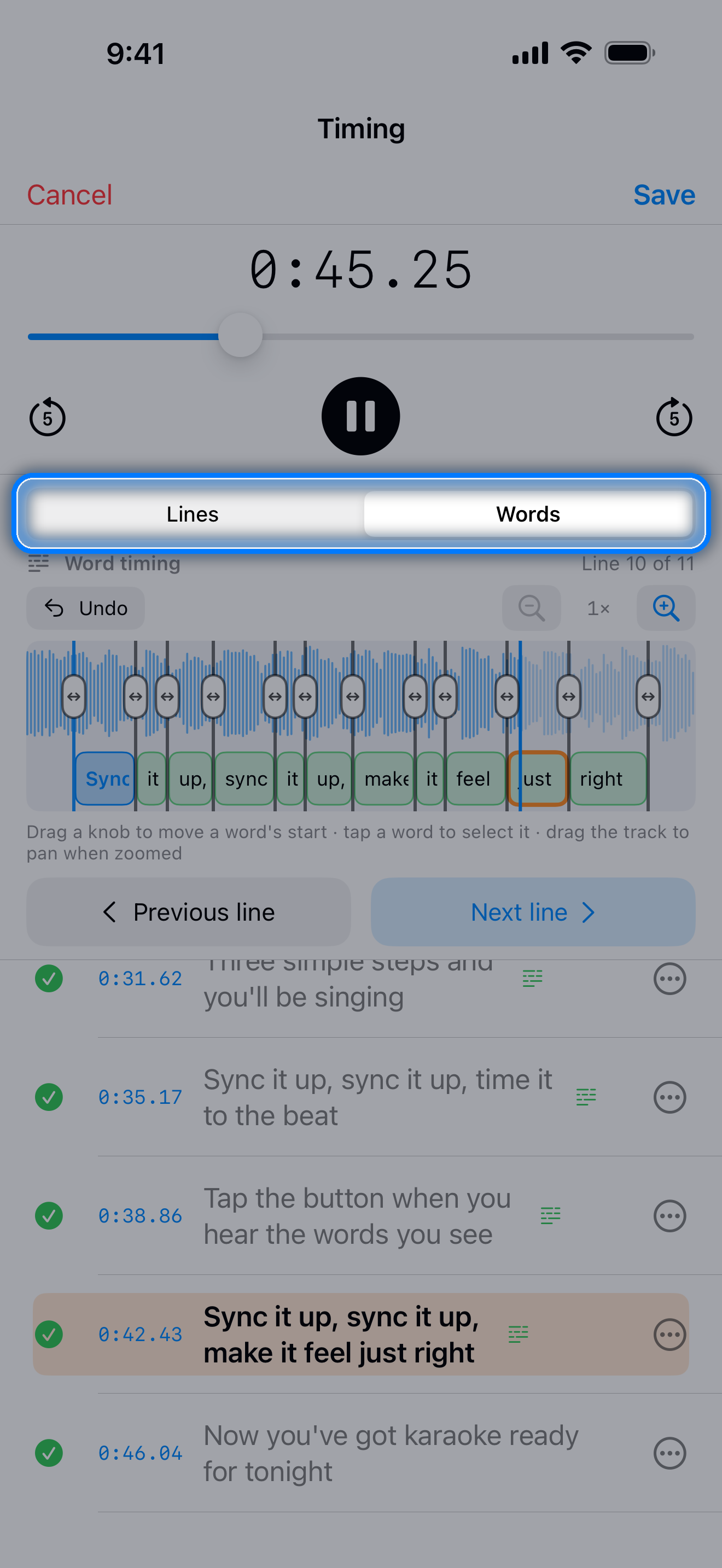 Timing screen in Words mode with the current line's words placed on the waveform timeline and the Lines | Words selector highlighted