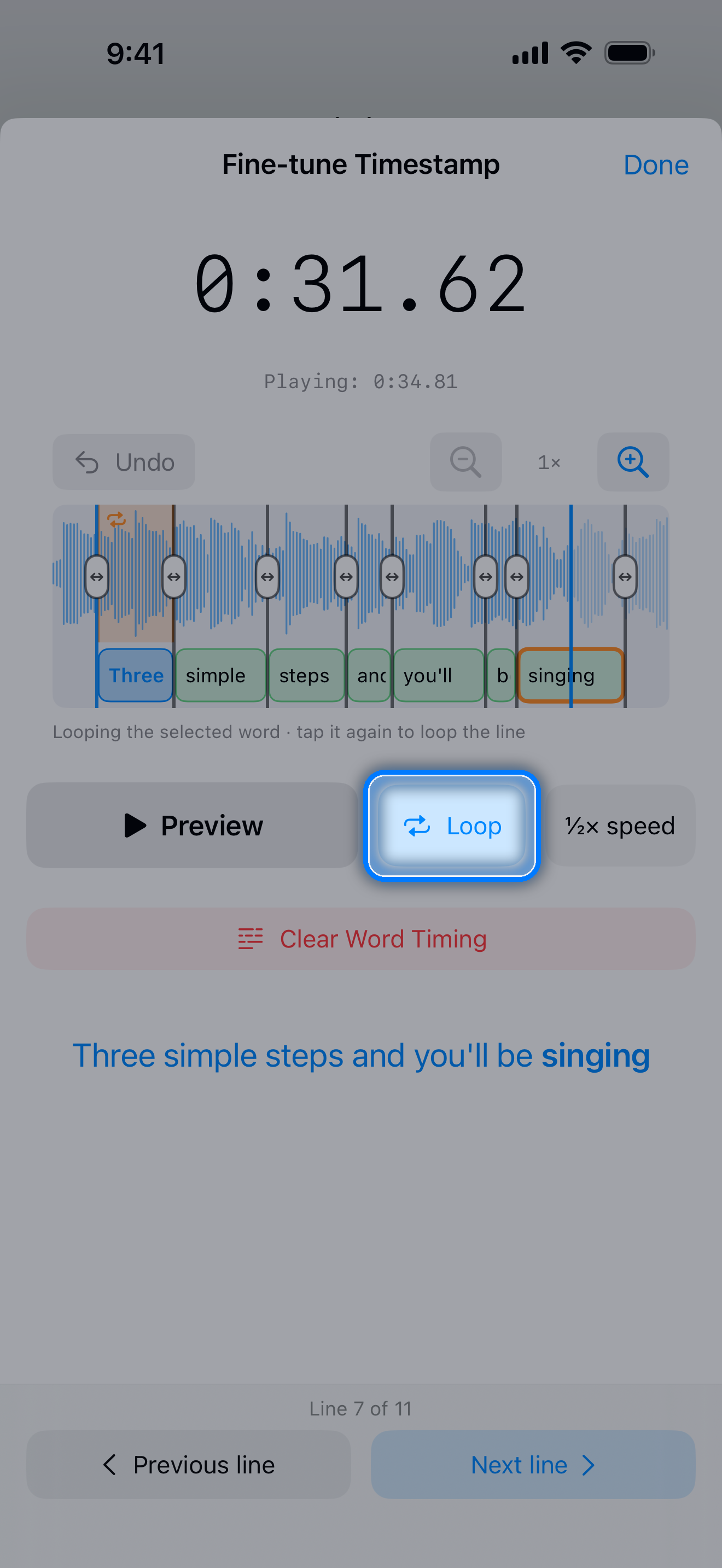 Fine-tune Timestamp sheet looping the selected word, with the word timeline, Preview, Loop, half speed, and Previous line and Next line buttons