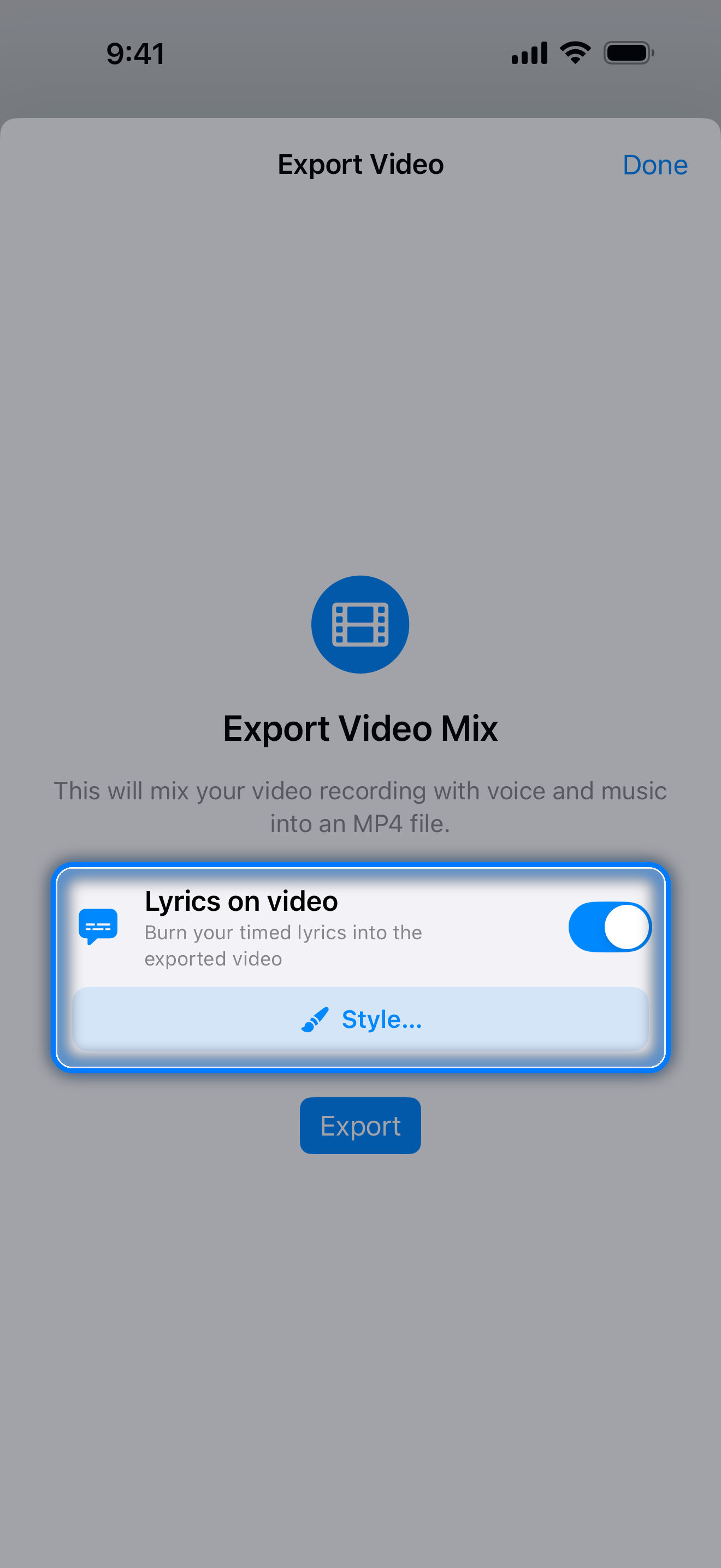 Export Video sheet with the Lyrics on video switch and the Style button highlighted