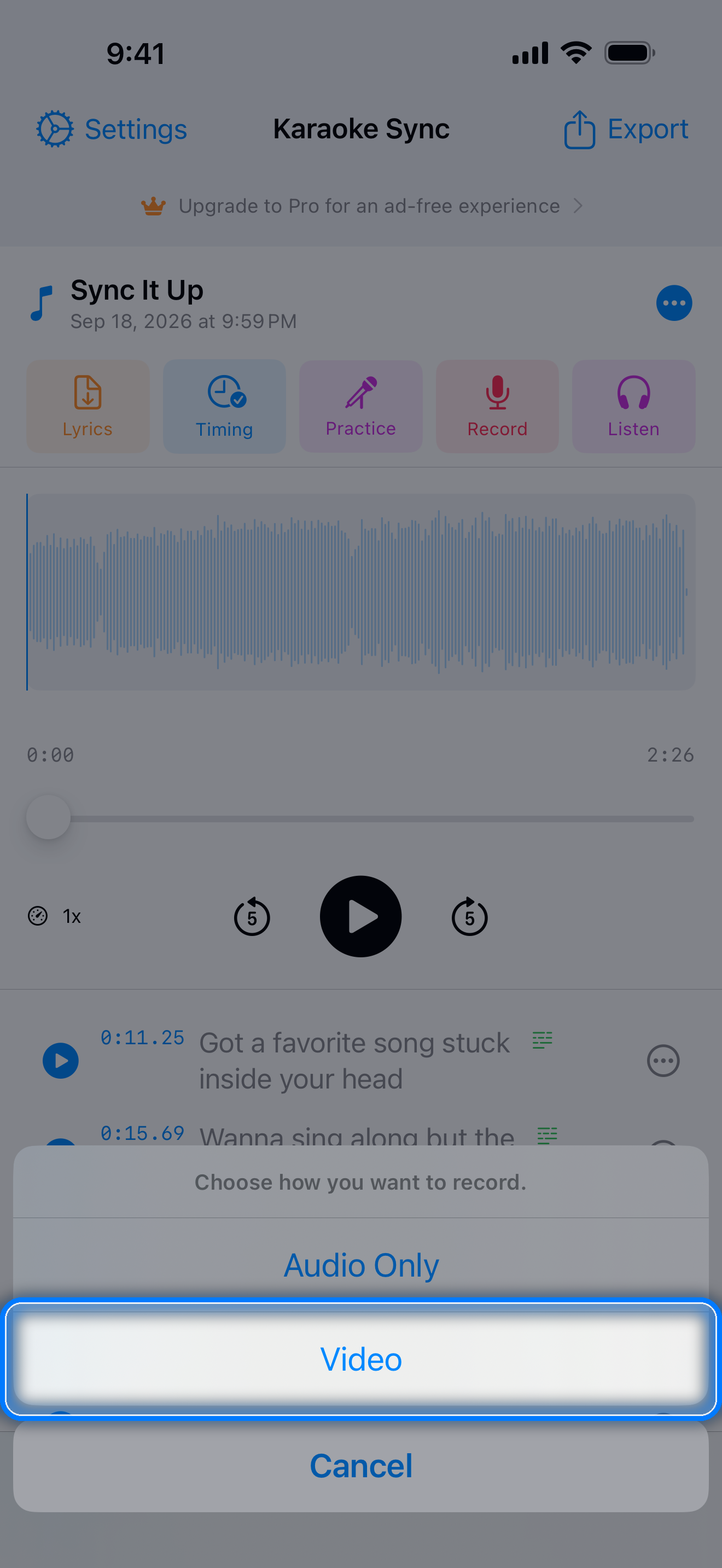 Recording Mode dialog with Audio Only, Video, and Cancel