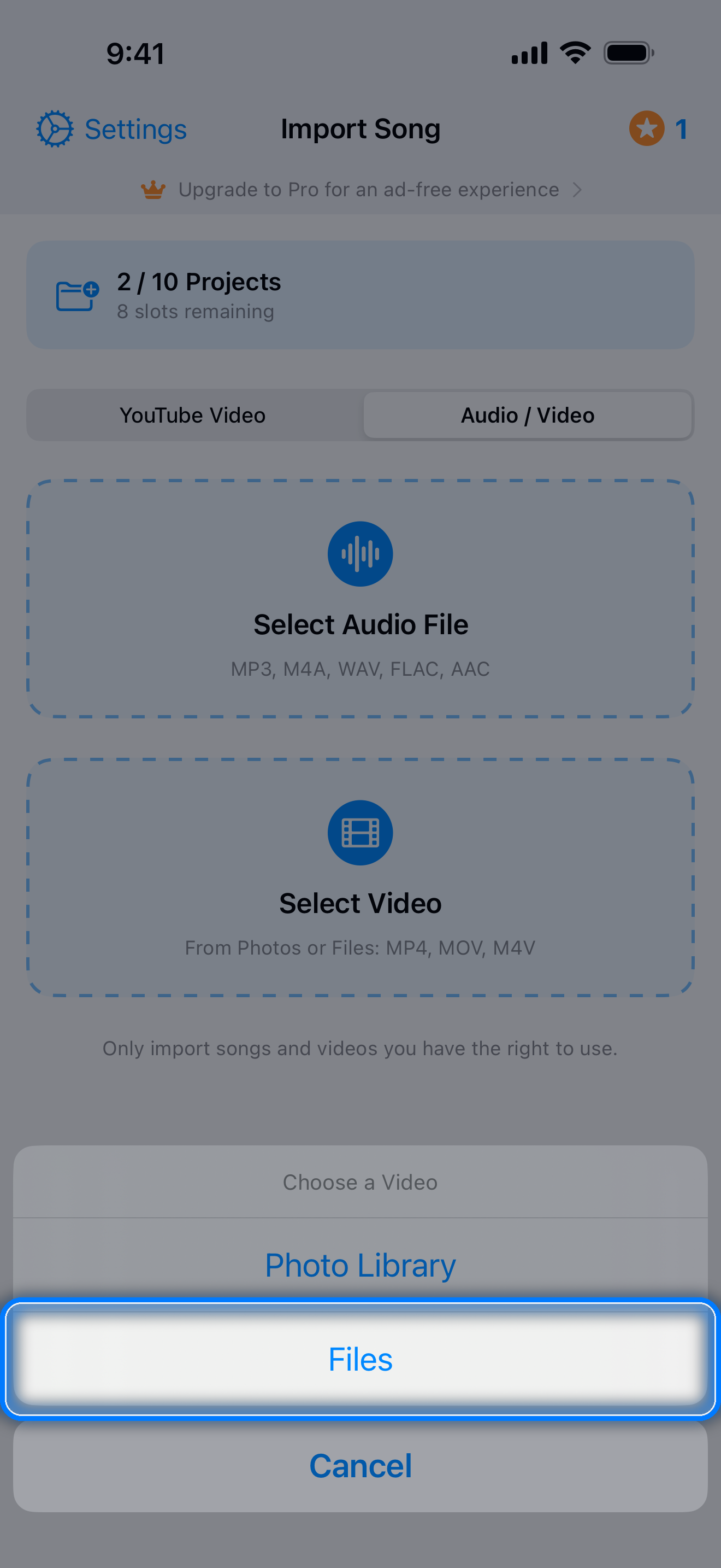 Import tab with Audio / Video selected and the Choose a Video menu offering Photo Library and Files