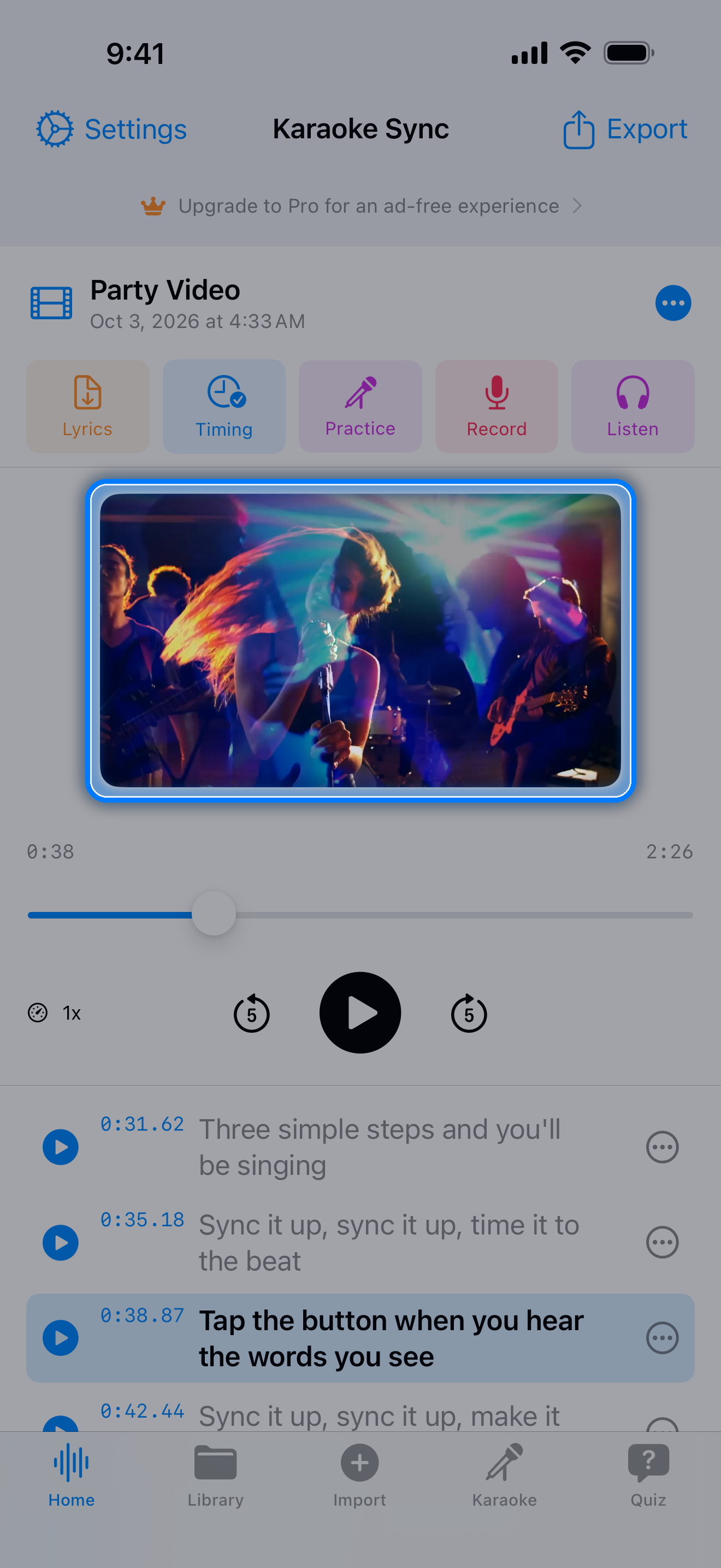 Project editor for a video project, with the imported video playing in place of the waveform above the timed lyrics