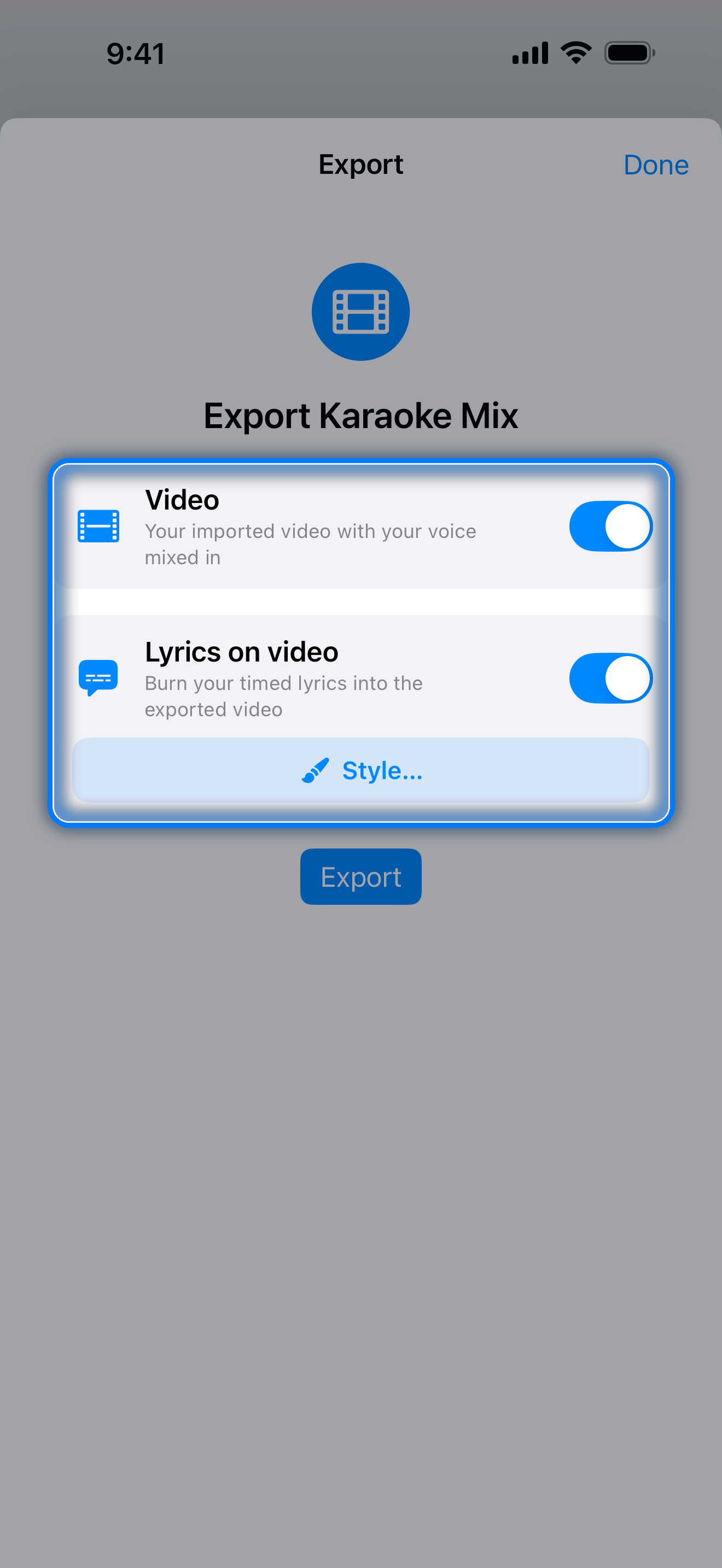 Export Karaoke Mix sheet for an audio take in a video project, with the Video switch on and Lyrics on video with Style…