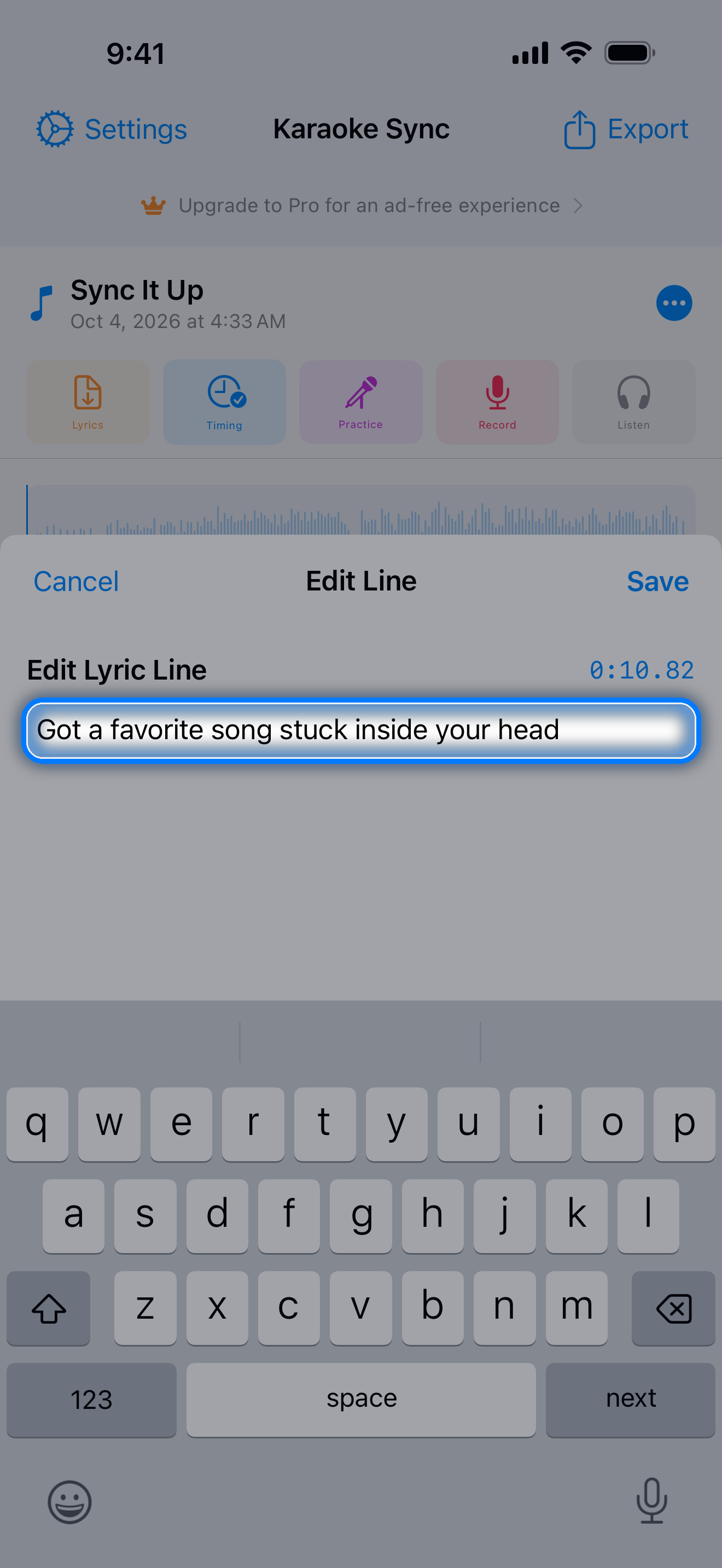 Edit Lyric Line editor open over the lyric list with the line's time and the keyboard showing Next