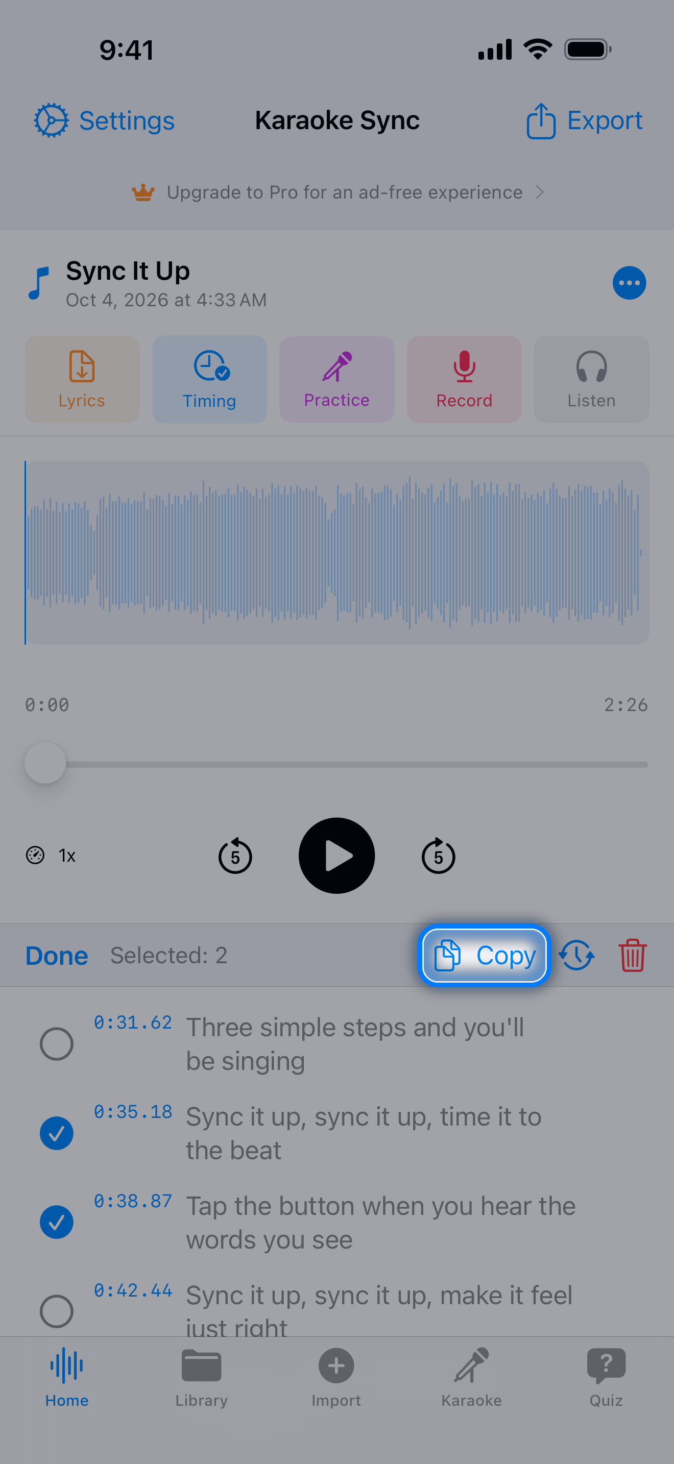 Lyric list in selection mode with two lines checked and the bar with Done, Selected: 2, Copy, Adjust Timing, and Delete