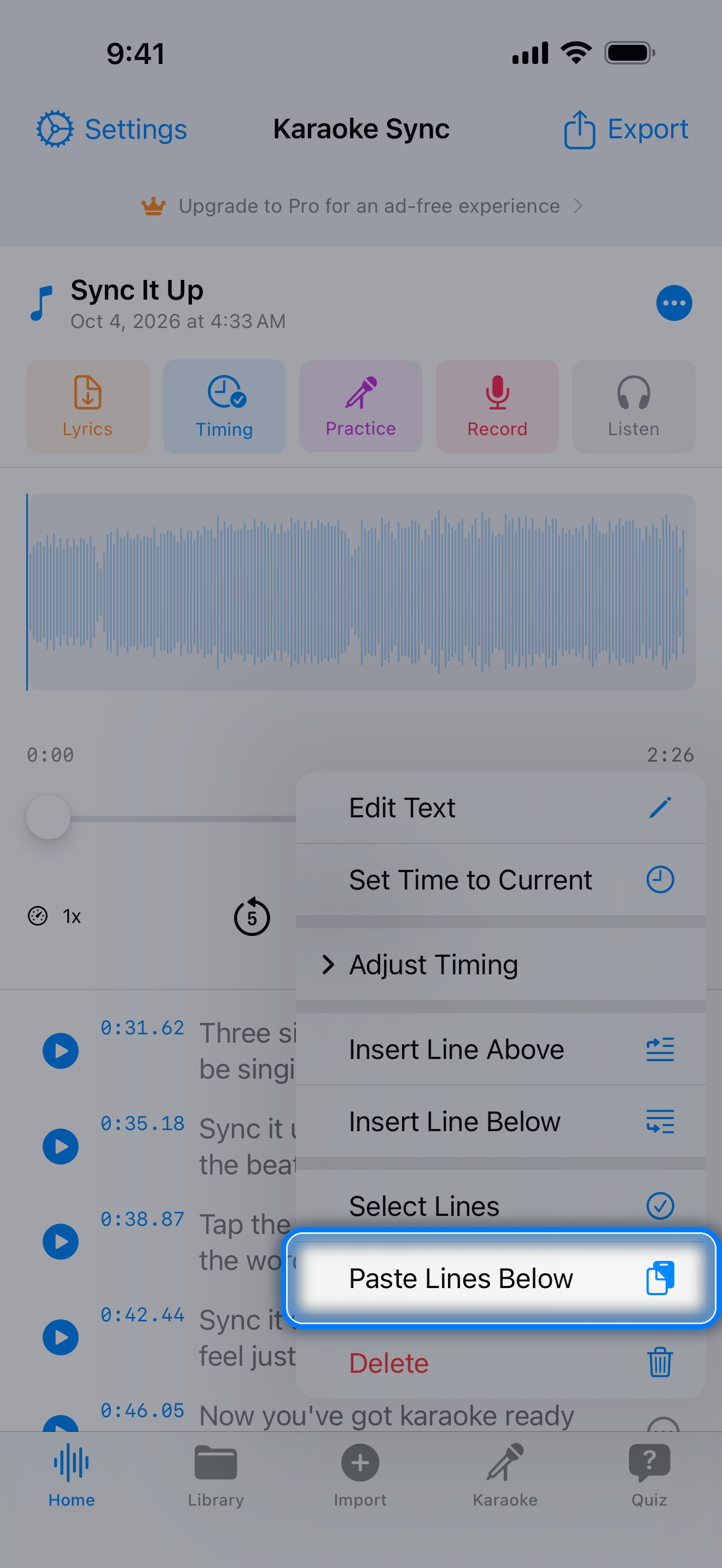A lyric line's menu with Select Lines and Paste Lines Below